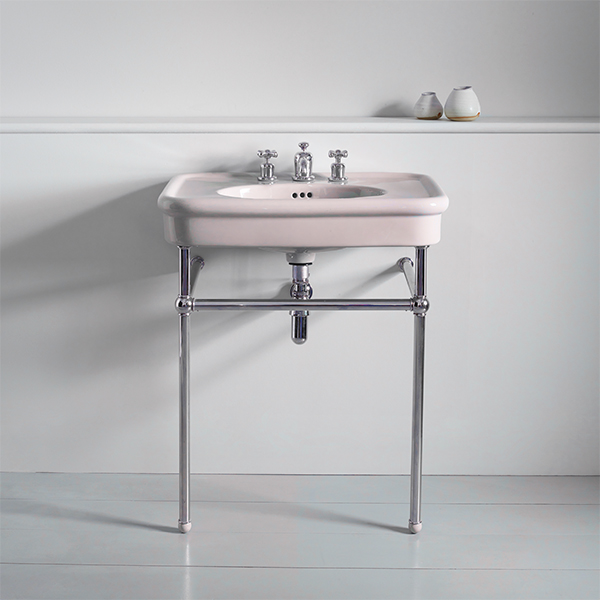 Rockwell 610mm Pale Pink basin on basin stand. Zero, one or three tap holes.