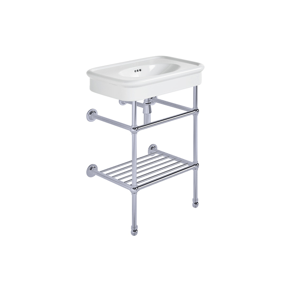 Rockwell 610mm White basin on basin stand. Zero, one or three tap holes.