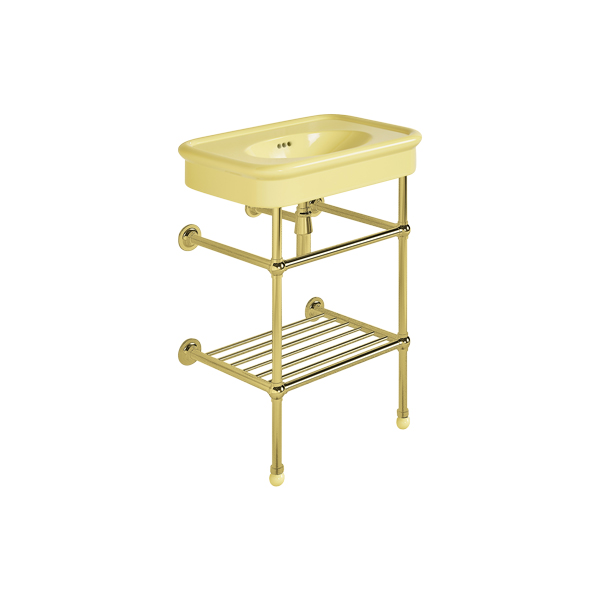 Rockwell 610mm Sherbet Yellow basin on basin stand. Zero, one or three tap holes.