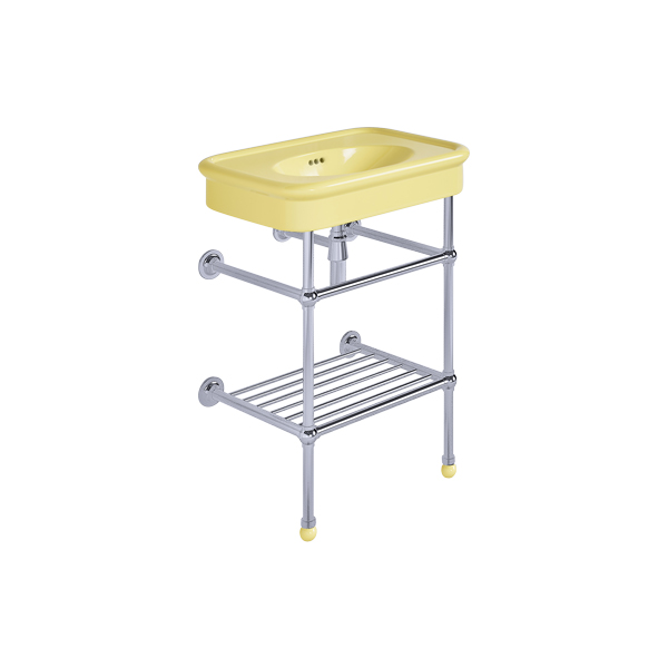 Rockwell 610mm Sherbet Yellow basin on basin stand. Zero, one or three tap holes.