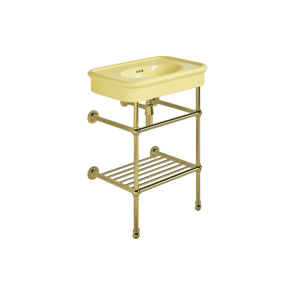 Rockwell 610mm Sherbet Yellow basin on basin stand. Zero, one or three tap holes.