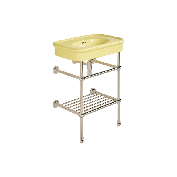 Rockwell 610mm Sherbet Yellow basin on basin stand. Zero, one or three tap holes.
