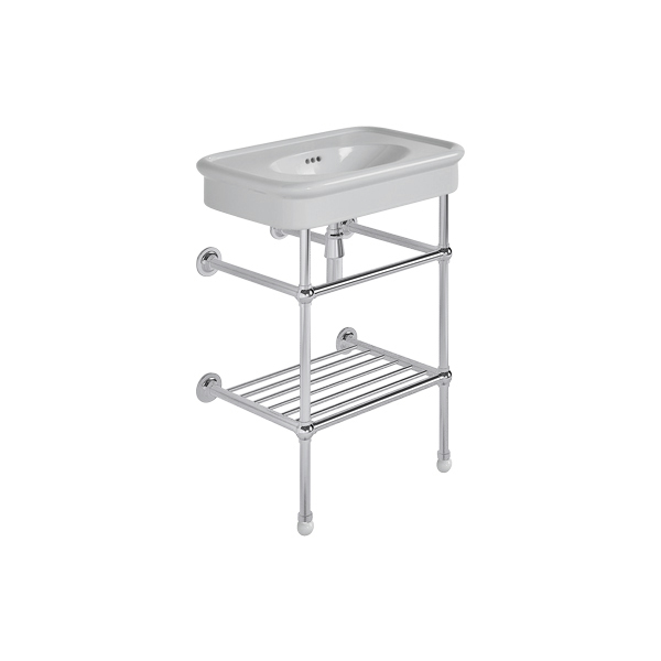 Rockwell 610mm Seattle Grey basin on basin stand with shelf. Zero, one or three tap holes.