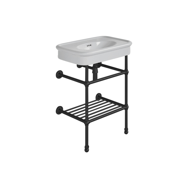 Rockwell 610mm Seattle Grey basin on basin stand with shelf. Zero, one or three tap holes.