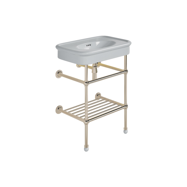 Rockwell 610mm Seattle Grey basin on basin stand with shelf. Zero, one or three tap holes.