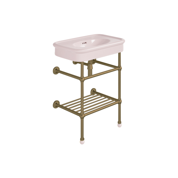 Rockwell 610mm Pale Pink basin on basin stand with shelf. Zero, one or three tap holes.
