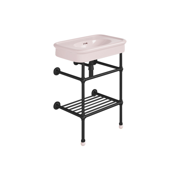 Rockwell 610mm Pale Pink basin on basin stand with shelf. Zero, one or three tap holes.