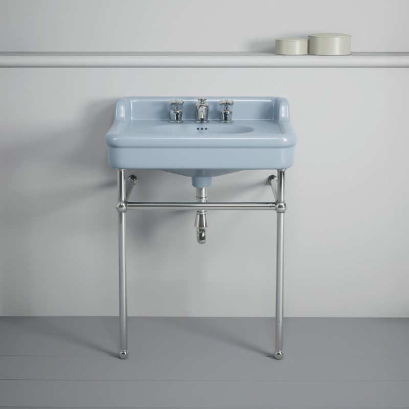 Rockwell 680mm Powder Blue basin with upstand on basin stand. Zero, one or three tap holes.
