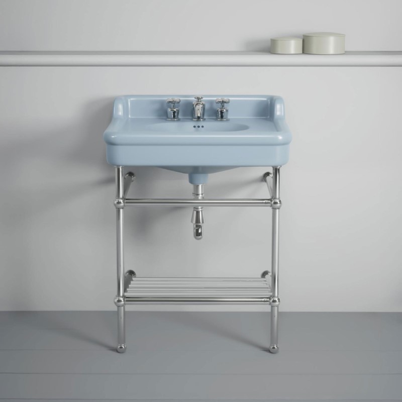 Rockwell 680mm Powder Blue basin with upstand on basin stand. Zero, one or three tap holes.