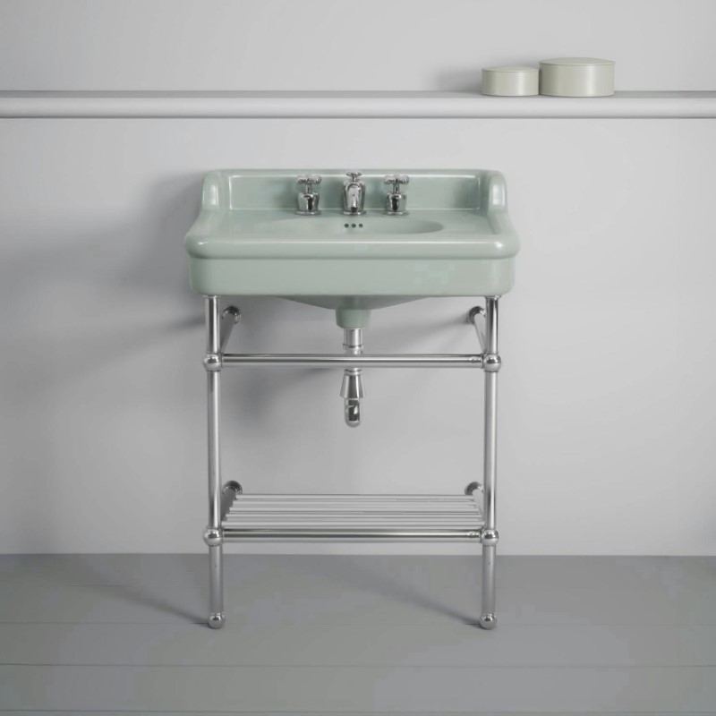Rockwell 680mm Willow Green basin with upstand on basin stand. Zero, one or three tap holes.