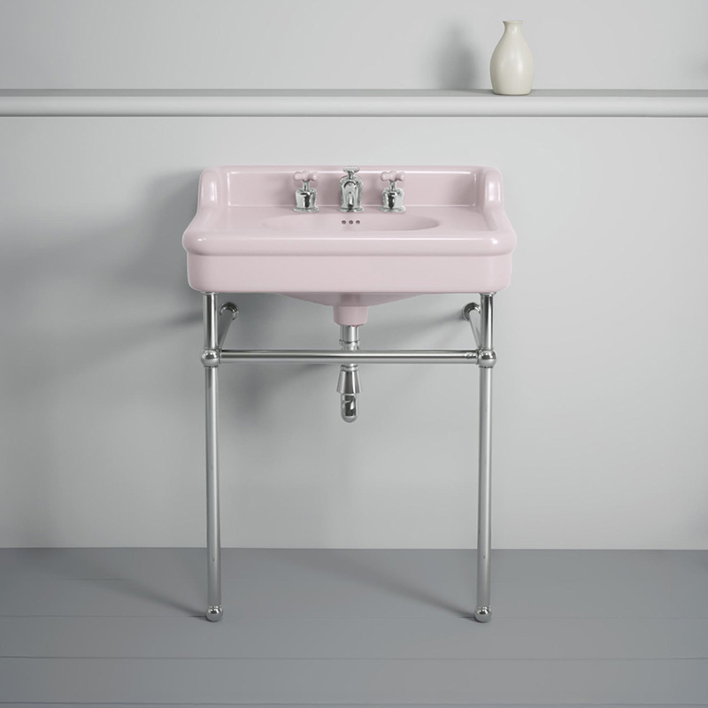 Rockwell 680mm Pale Pink basin with upstand on basin stand. Zero, one or three tap holes.