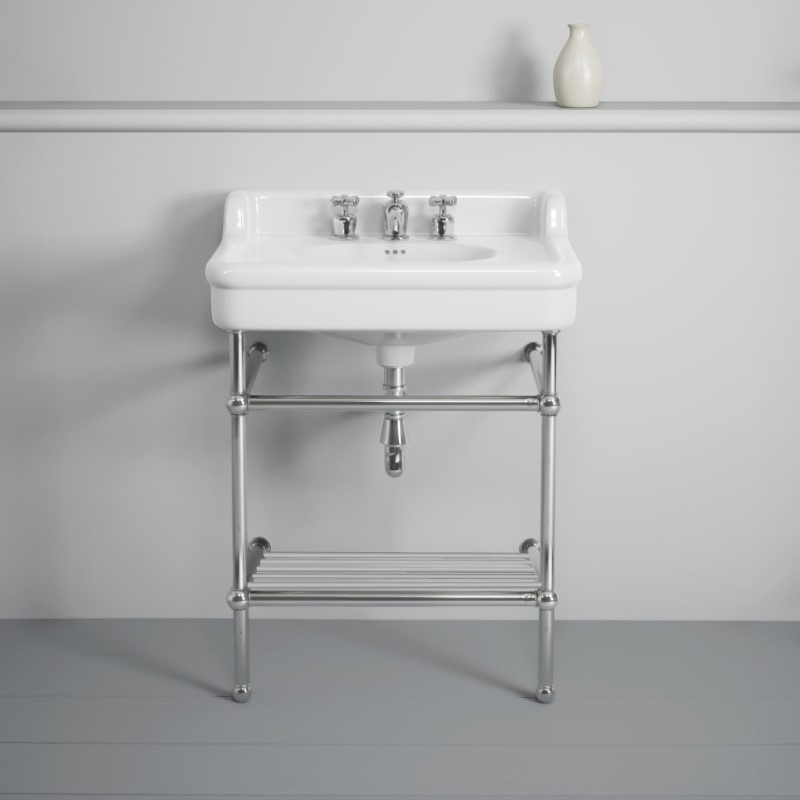 Rockwell 680mm White basin with upstand on basin stand. Zero, one or three tap holes.