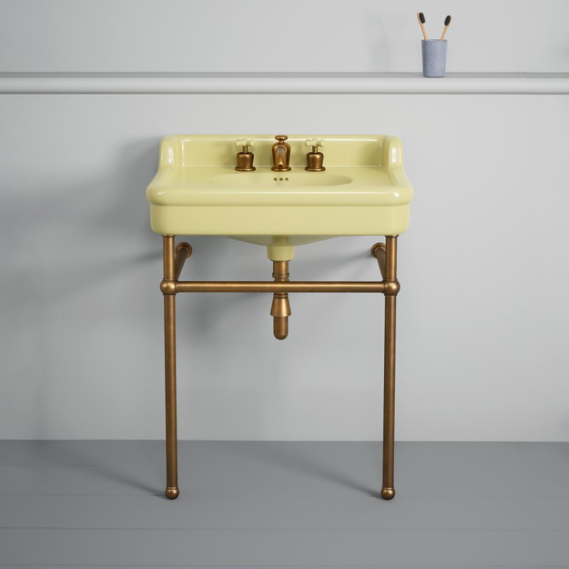 Rockwell 680mm Sherbet Yellow basin with upstand on basin stand. Zero, one or three tap holes.