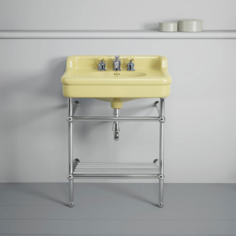 Rockwell 680mm Sherbet Yellow basin with upstand on basin stand. Zero, one or three tap holes.