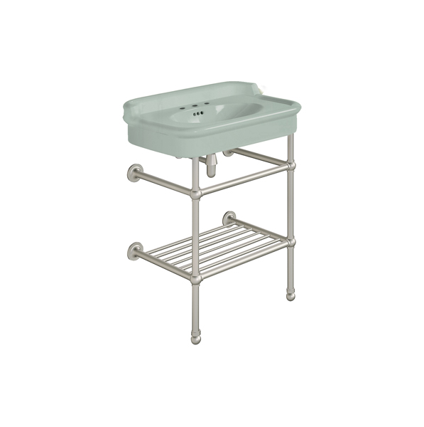 Rockwell 680mm Willow Green basin with upstand on basin stand with shelf. Zero, one or three tap holes.