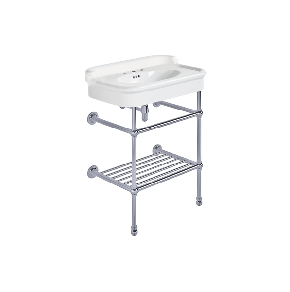 Rockwell 680mm White basin with upstand on basin stand with shelf. Zero, one or three tap holes.