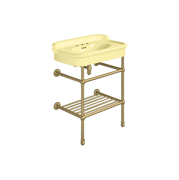 Rockwell 680mm Sherbet Yellow basin with upstand on basin stand with shelf. Zero, one or three tap holes.