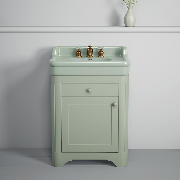 Rockwell 680mm basin with upstand in Willow Green on timber cabinet