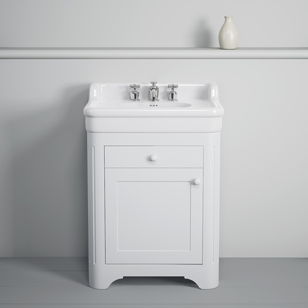 Rockwell 680mm basin with upstand in White on timber cabinet