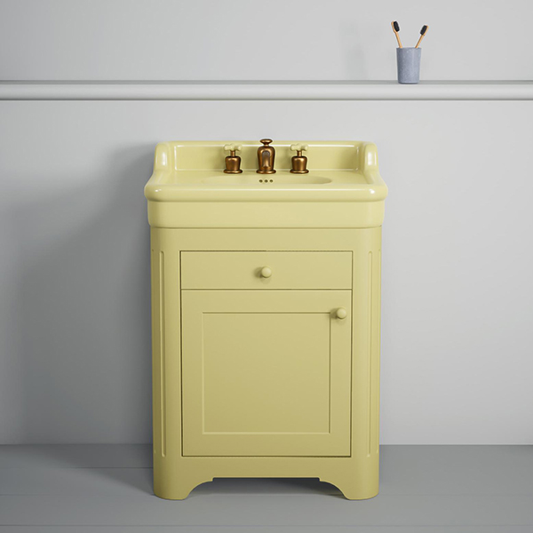 Rockwell 680mm basin with upstand in Sherbet Yellow on timber cabinet