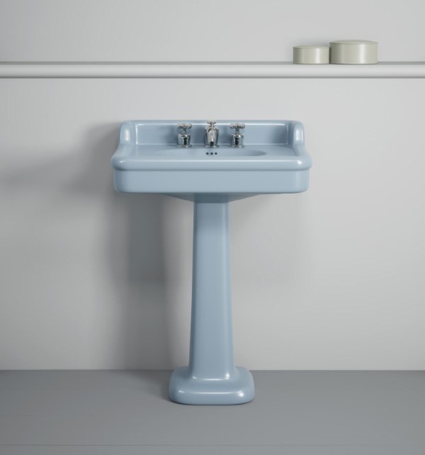 Rockwell 680mm basin with upstand in Powder Blue on pedestal