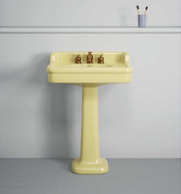 Rockwell 680mm basin with upstand in Sherbet Yellow on pedestal
