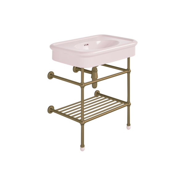 Rockwell 750mm Pale Pink basin on basin stand with shelf. Zero, one or three tap holes