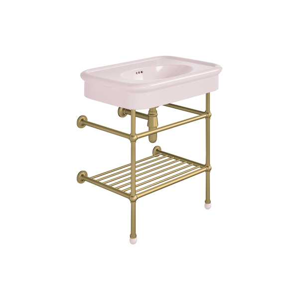 Rockwell 750mm Pale Pink basin on basin stand with shelf. Zero, one or three tap holes