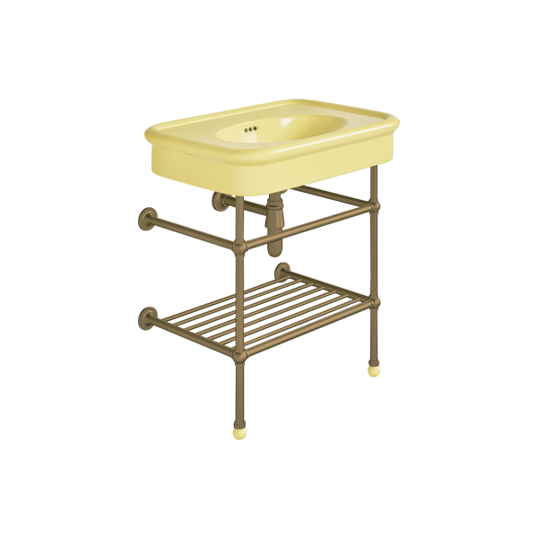 Rockwell 750mm Sherbet Yellow basin on basin stand with shelf. Zero, one or three tap holes