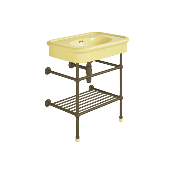 Rockwell 750mm Sherbet Yellow basin on basin stand with shelf. Zero, one or three tap holes