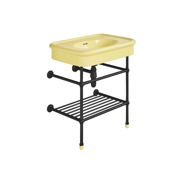 Rockwell 750mm Sherbet Yellow basin on basin stand with shelf. Zero, one or three tap holes