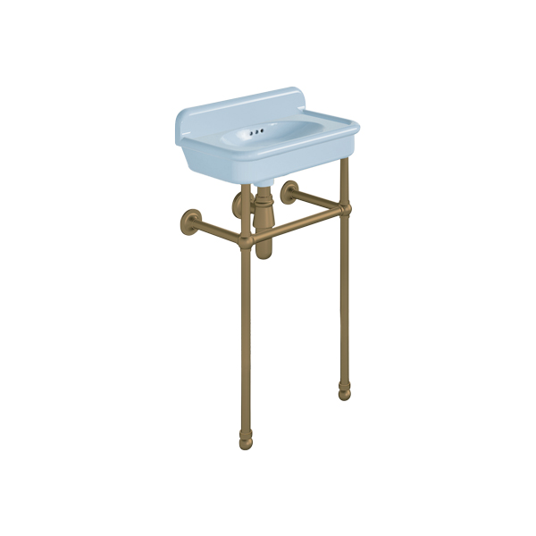 Rockwell Cloakroom Basin 480w x 300d in Powder Blue on basin stand. Zero, one or two tap holes.