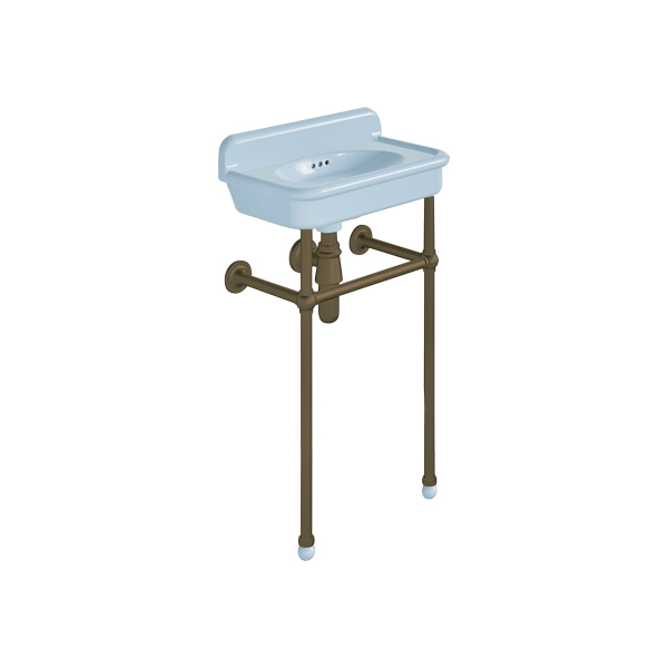 Rockwell Cloakroom Basin 480w x 300d in Powder Blue on basin stand. Zero, one or two tap holes.