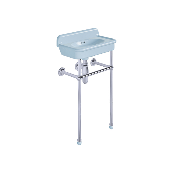 Rockwell Cloakroom Basin 480w x 300d in Powder Blue on basin stand. Zero, one or two tap holes.