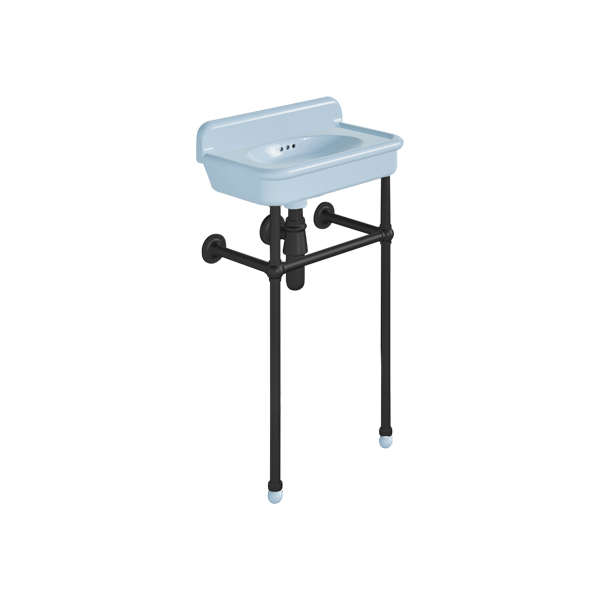 Rockwell Cloakroom Basin 480w x 300d in Powder Blue on basin stand. Zero, one or two tap holes.