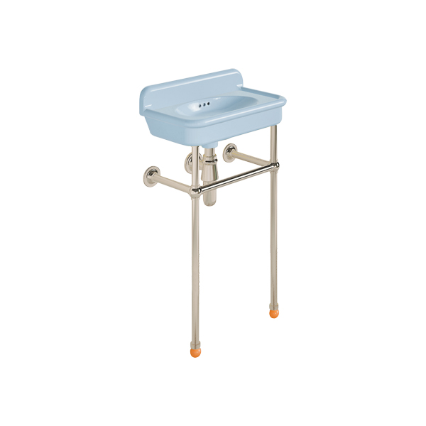 Rockwell Cloakroom Basin 480w x 300d in Powder Blue on basin stand. Zero, one or two tap holes.