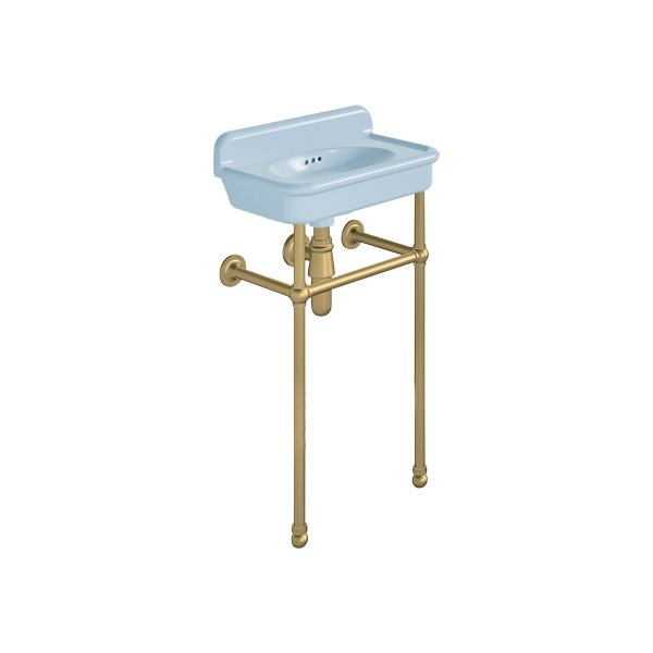 Rockwell Cloakroom Basin 480w x 300d in Powder Blue on basin stand. Zero, one or two tap holes.