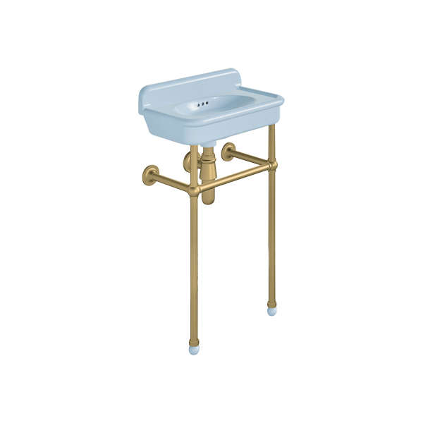 Rockwell Cloakroom Basin 480w x 300d in Powder Blue on basin stand. Zero, one or two tap holes.