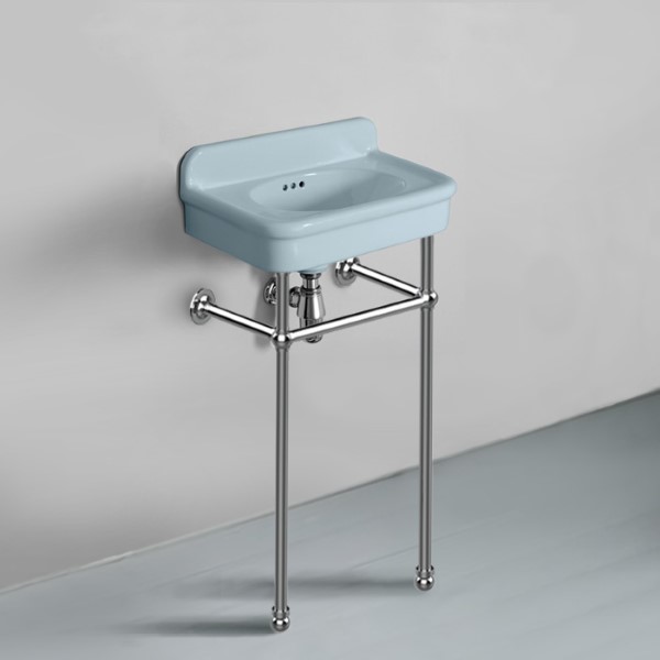 Rockwell Cloakroom Basin 480w x 300d in Powder Blue on basin stand. Zero, one or two tap holes.