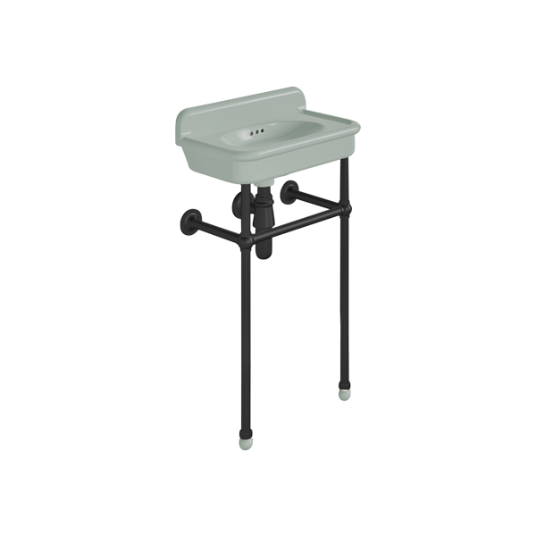 Rockwell Cloakroom Basin 480w x 300d in Willow Green on basin stand. Zero, one or two tap holes.