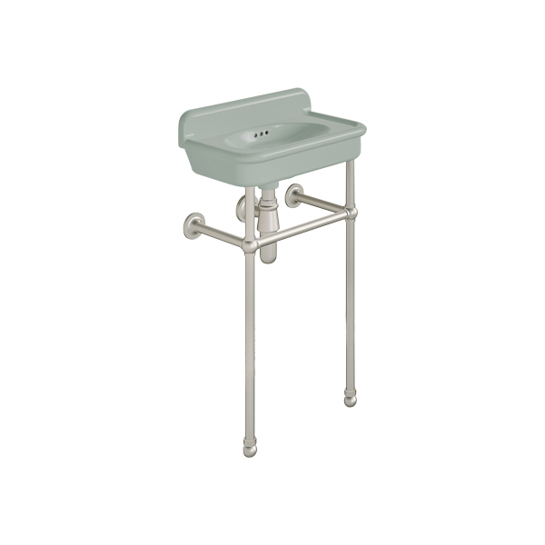 Rockwell Cloakroom Basin 480w x 300d in Willow Green on basin stand. Zero, one or two tap holes.