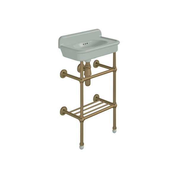 Rockwell Cloakroom Basin 480w x 300d in Willow Green on basin stand. Zero, one or two tap holes.