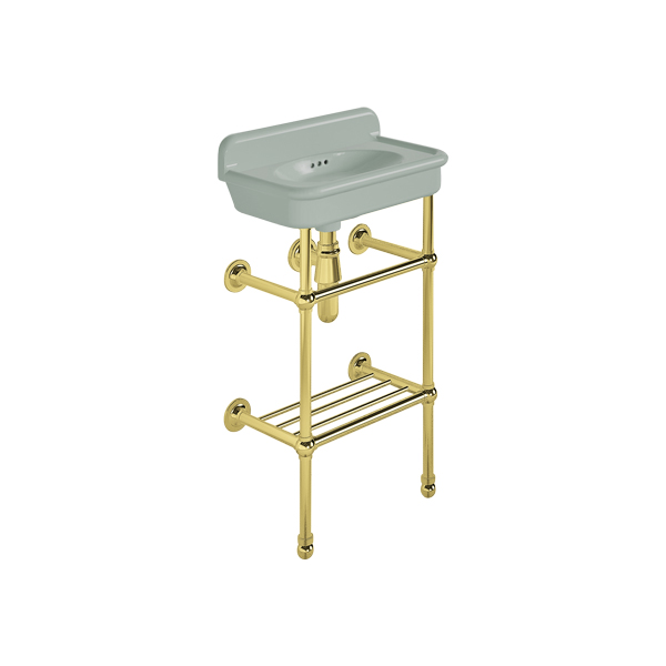 Rockwell Cloakroom Basin 480w x 300d in Willow Green on basin stand. Zero, one or two tap holes.