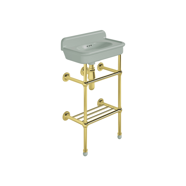 Rockwell Cloakroom Basin 480w x 300d in Willow Green on basin stand. Zero, one or two tap holes.