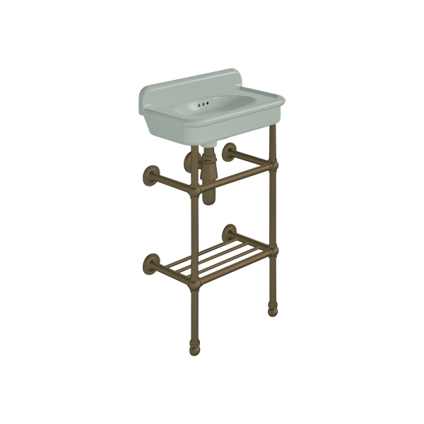 Rockwell Cloakroom Basin 480w x 300d in Willow Green on basin stand. Zero, one or two tap holes.