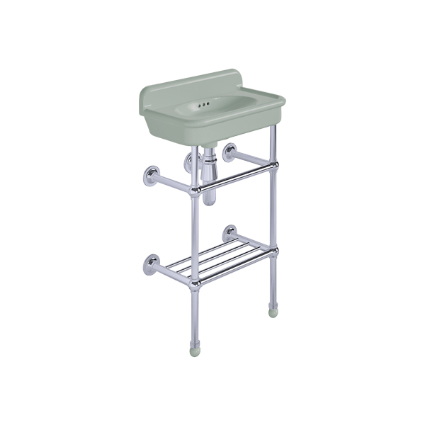 Rockwell Cloakroom Basin 480w x 300d in Willow Green on basin stand. Zero, one or two tap holes.