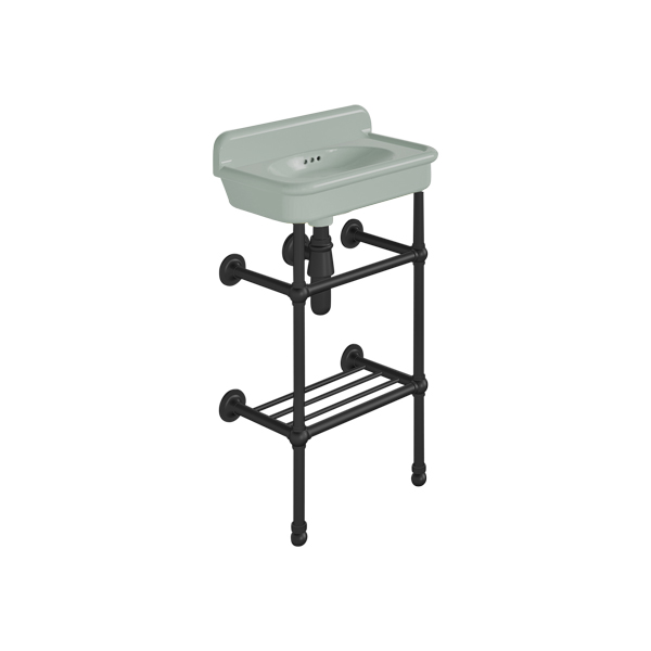 Rockwell Cloakroom Basin 480w x 300d in Willow Green on basin stand. Zero, one or two tap holes.