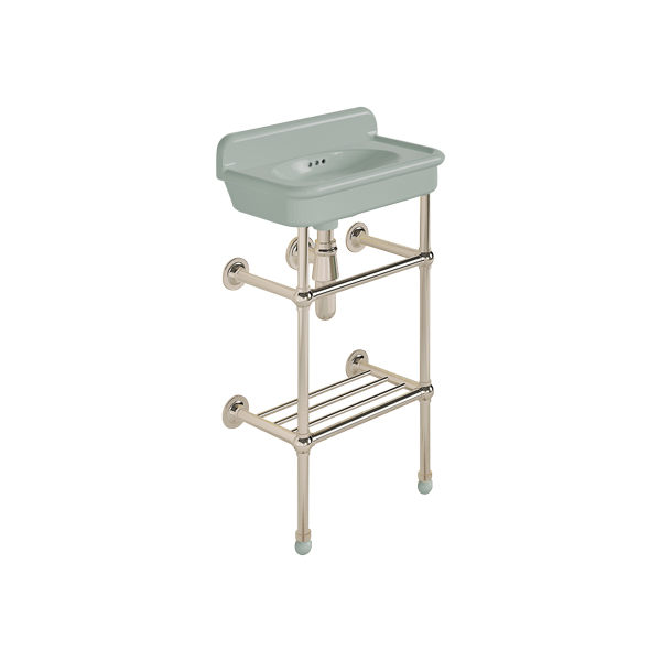 Rockwell Cloakroom Basin 480w x 300d in Willow Green on basin stand. Zero, one or two tap holes.