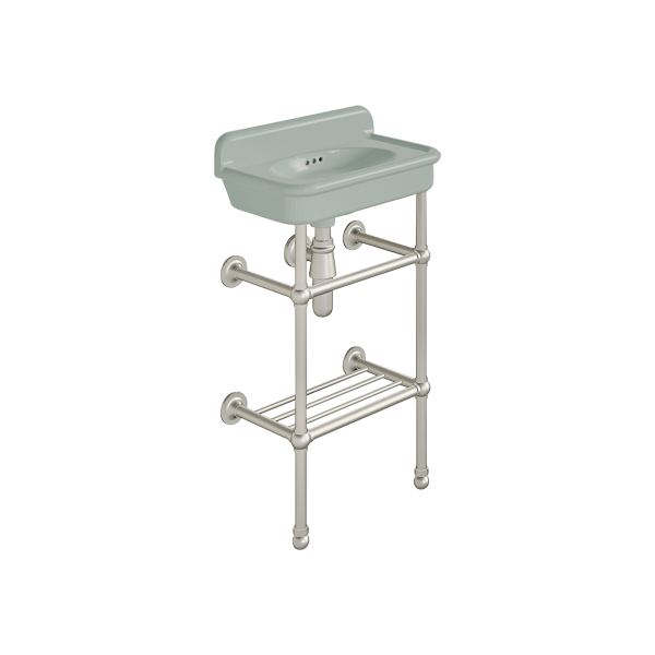 Rockwell Cloakroom Basin 480w x 300d in Willow Green on basin stand. Zero, one or two tap holes.