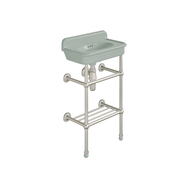 Rockwell Cloakroom Basin 480w x 300d in Willow Green on basin stand. Zero, one or two tap holes.